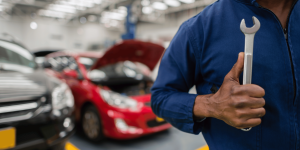 The importance of auto repair shop insurance. A mechanic stands in front of two cars in his auto repair shop wearing blue overalls and holding a wrench