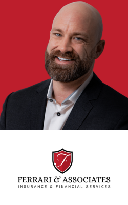 Image used for Circle of Influence in Construction blog article. Headshot of Dustin SanVido with red background and Ferrari & Associates logo.